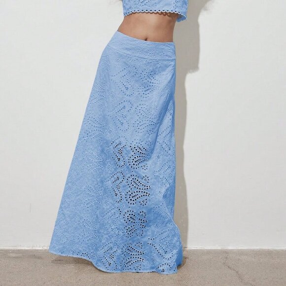 Blue Elegant Women's Floral Hollow Out Full Embroidery A-Line Maxi Skirt - Picture 3 of 11